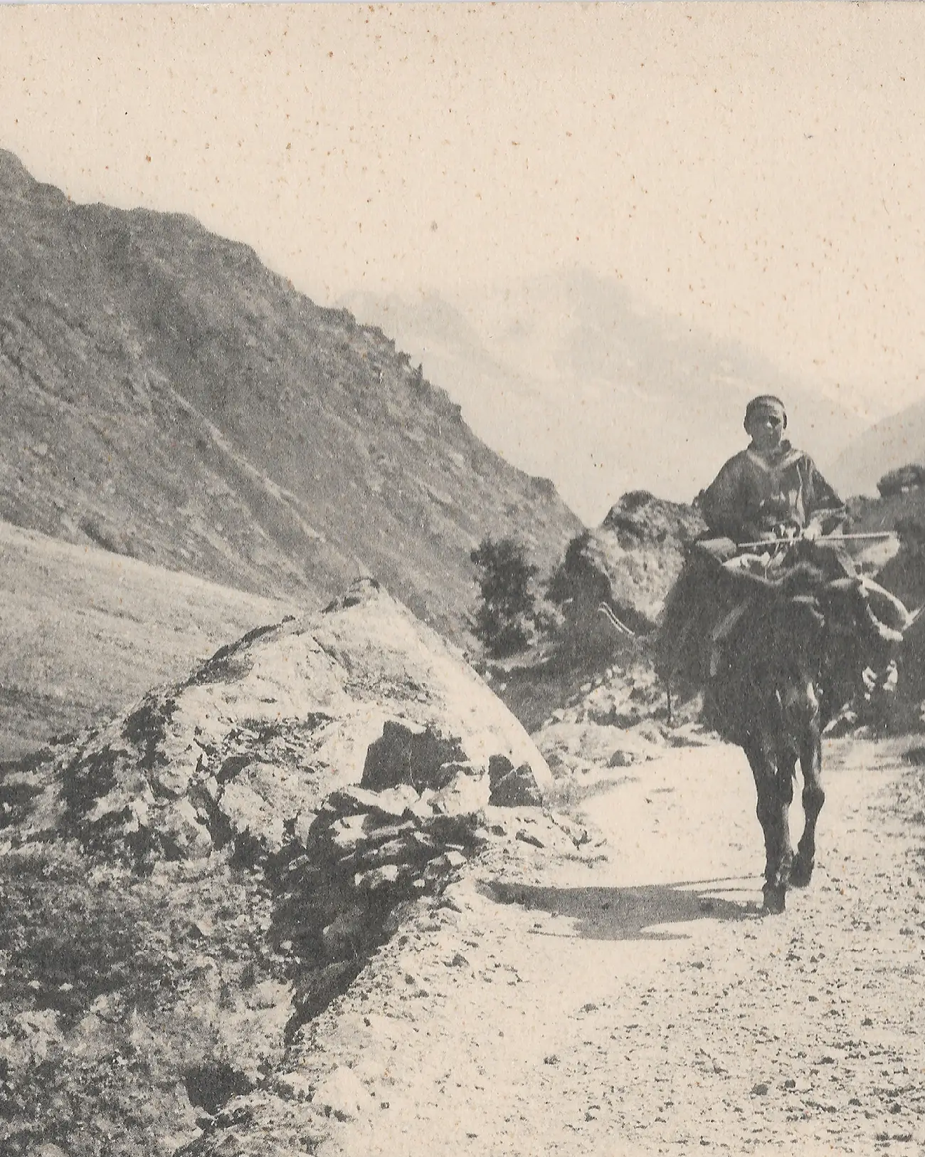 Détail de carte Postale Saint-Christophe-en-Oisans, Isère | circa. 1905 | Enfant, âne, chemin muletier. Vue de montagnes | Photo/éditeur : A.V. ; L. Pons.